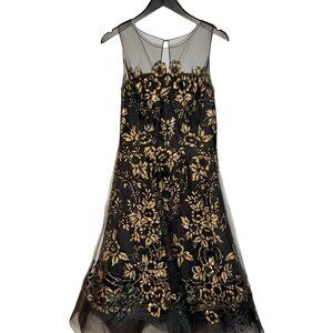 Oscar De La Renta FW14 Black Gold Tulle Embroidered Sleeveless Dress